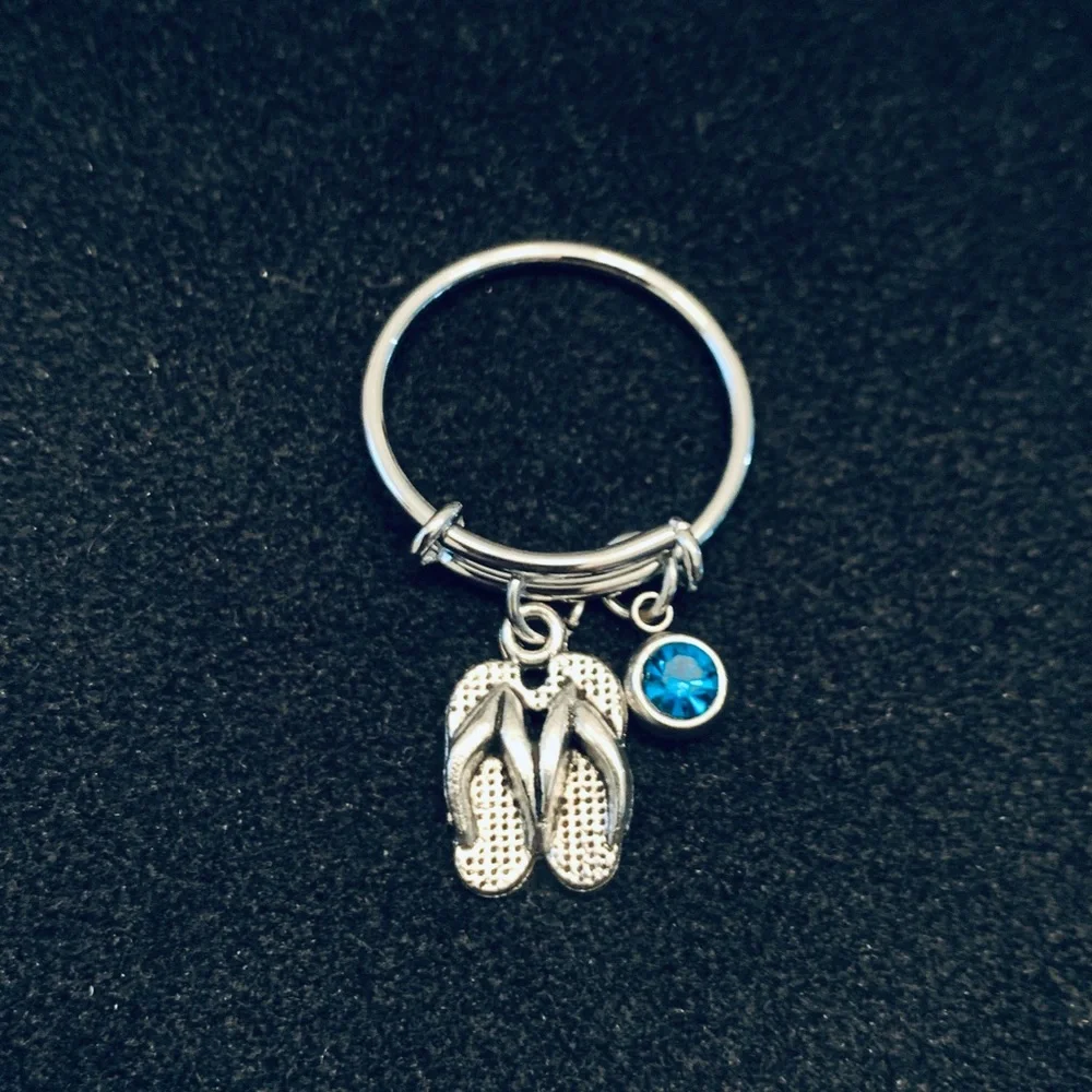 Flip Flop Beach sandal silver dangle ring with birthstone charm
